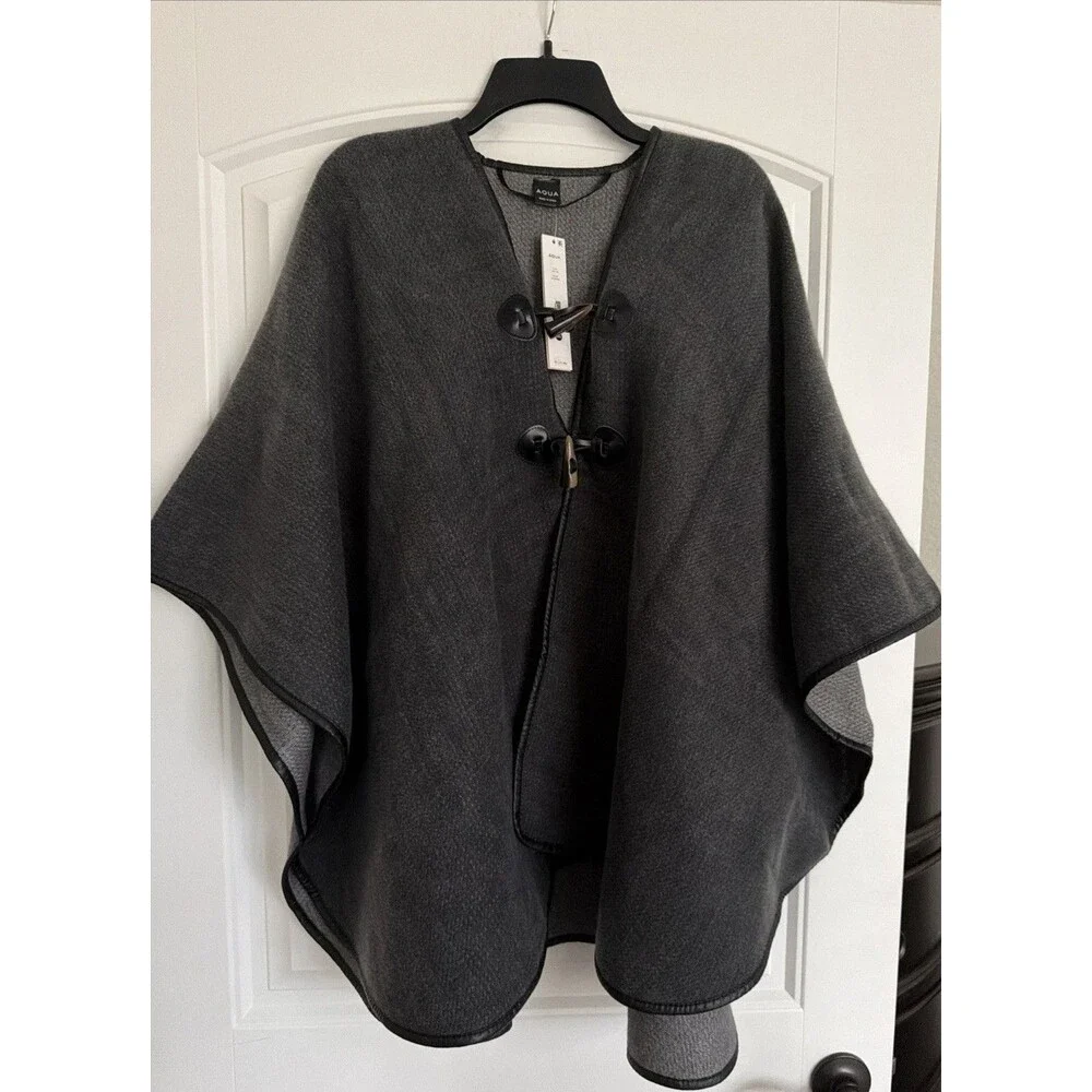 AQUA Women's Ruana Poncho Cape Wrap Reversible Toggle Closure Charcoal Gray OS